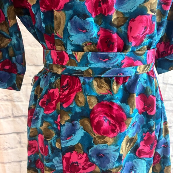 Vintage 60s Dress Handmade Midi Blue Pink Floral w Belt Garden Winter Fall - Picture 6 of 13